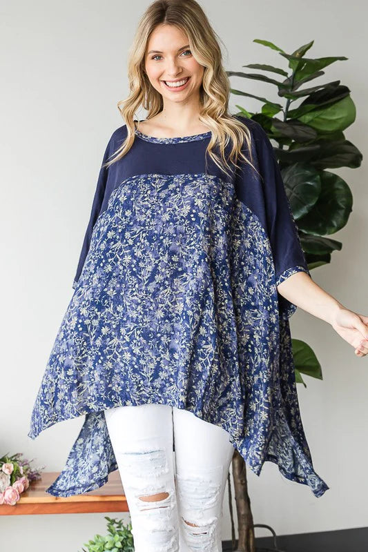 O&I NAVY CONTRAST YOKE PRINTED SHORT SLEEVE OVERSIZED TOP