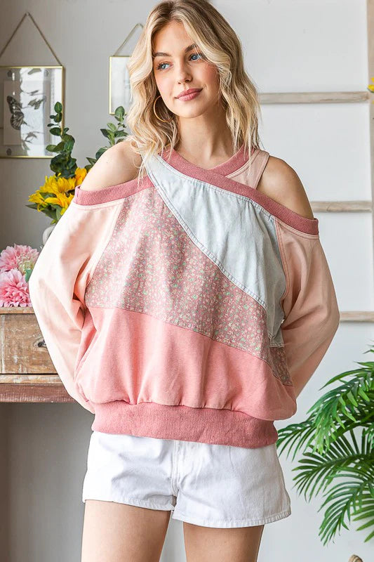 O&I Pink Combo Mix Media Cutout Shoulder Top