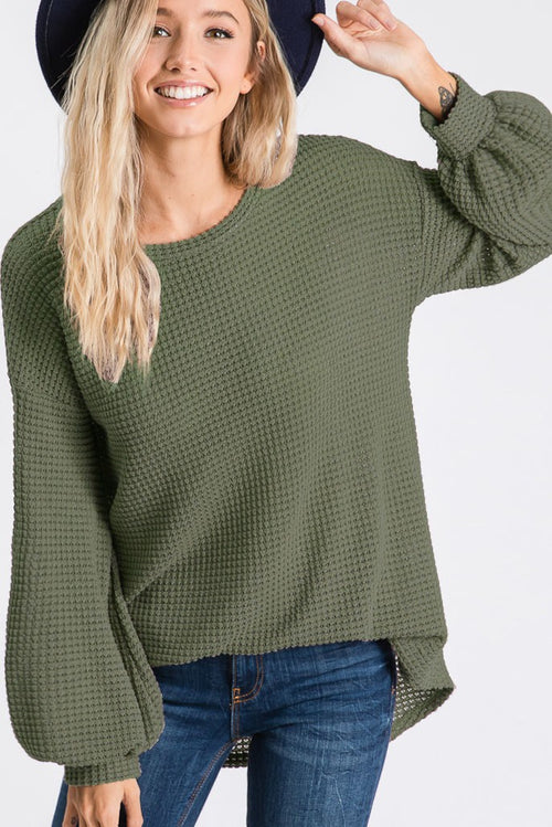 BiBi Olive Popcorn Balloon Sleeve Waffle Knit Top