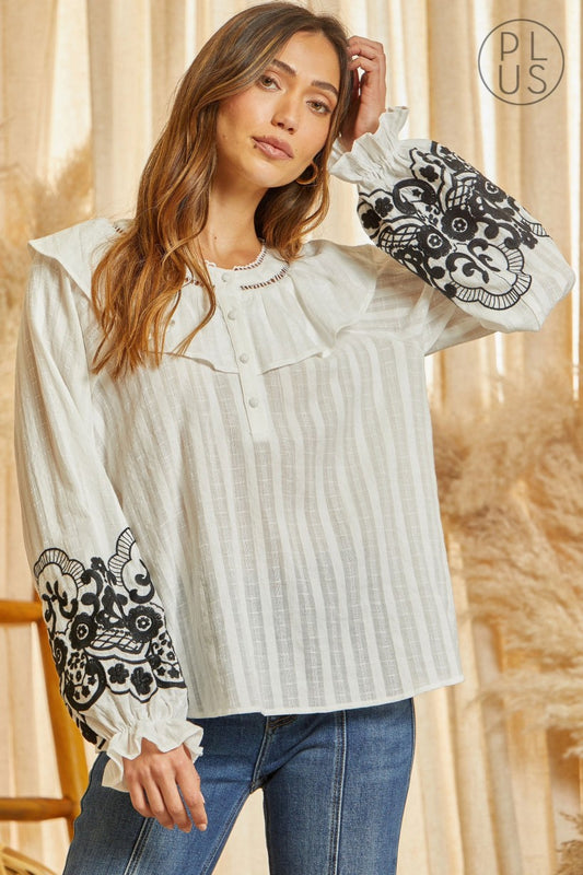 The Curvy Ivory & Black Embroidered Top