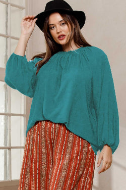 Curvy Emerald Woven Long Puff Sleeve Top