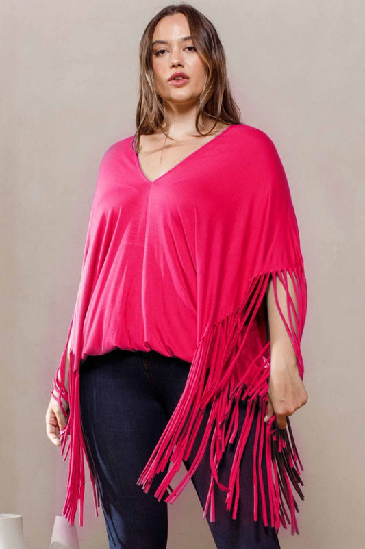 Curvy Fuchsia Fringe Poncho Top